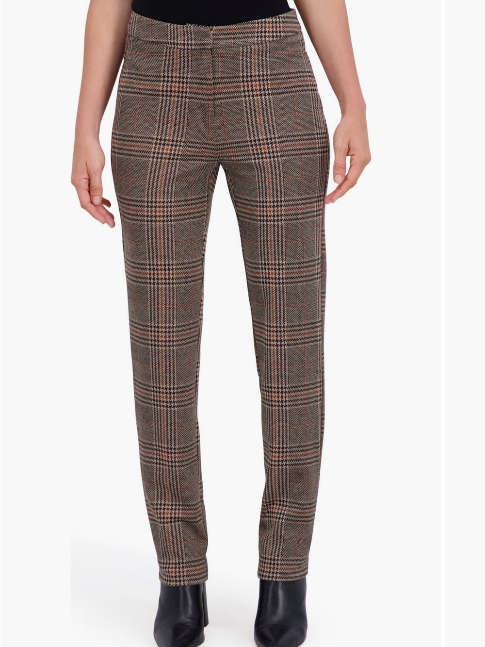 Straight-leg Houndstooth Plaid Pants in Brown
